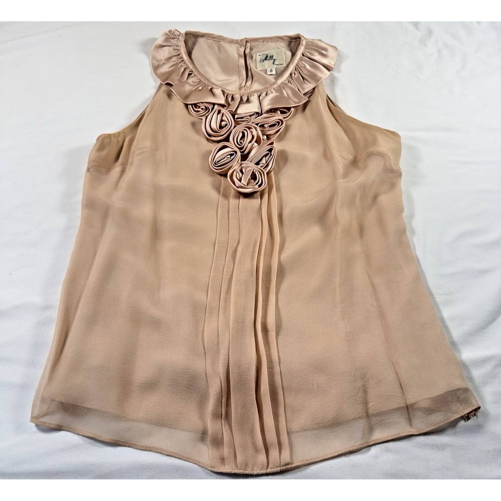 Milly Rose Top Women 6 Sleeveless Beige Silk Roses Ruffle ASO Gossip Girl Y2K